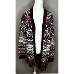 Monsoon Women's Knit Multi-Color Fair Isle Cardigan Fringe Boho Folk Size Medium